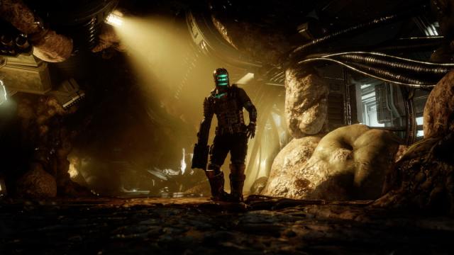 Promo image for Dead Space, showing Isaac Clarke walking through the USG Ishimura.