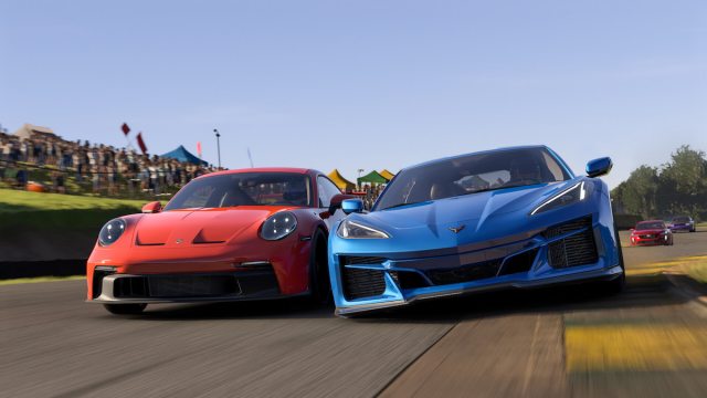 Promo image for Forza Motorsport, showing two cars racing right next to each other.