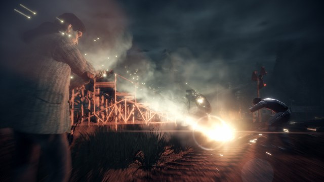 Promo Image for Alan Wake Remastered; featuring Alan aiming a flashlight towards enemies.