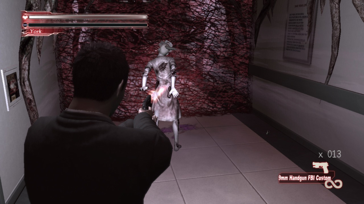 Promo Image for Deadly Premonition; showing York aiming a gun at a monster.