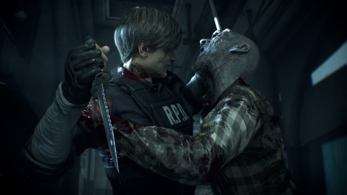 Promo Image for Resident Evil 2; showing Leon fighting off a zombie with a knife.