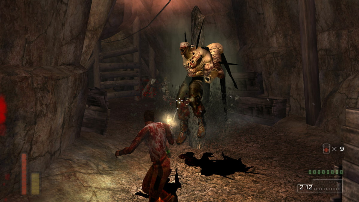 Promo Image for The Suffering; featuring the protagonist Torque shooting a large monster.