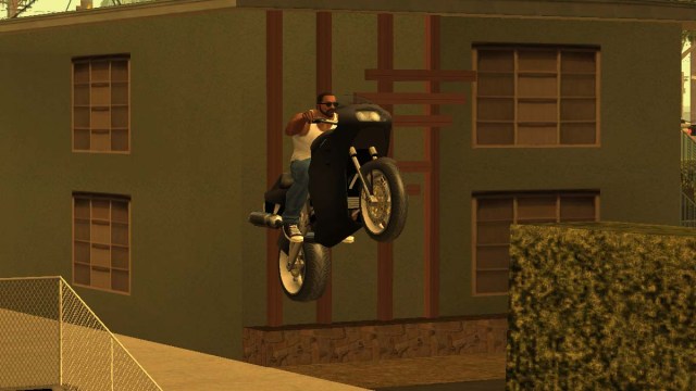 Sportsbike jumping at high speed in GTA San Andreas.