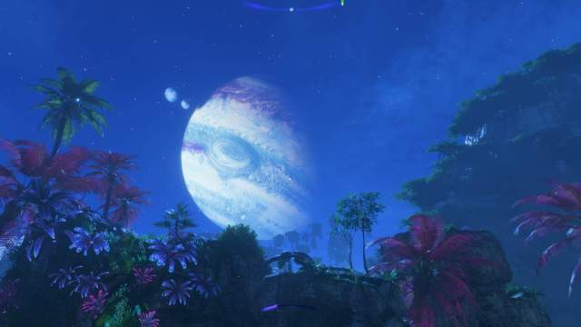 Avatar Frontiers of Pandora view of the moon at night..