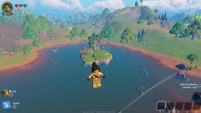 A large lake with an island in Lego Fortnite