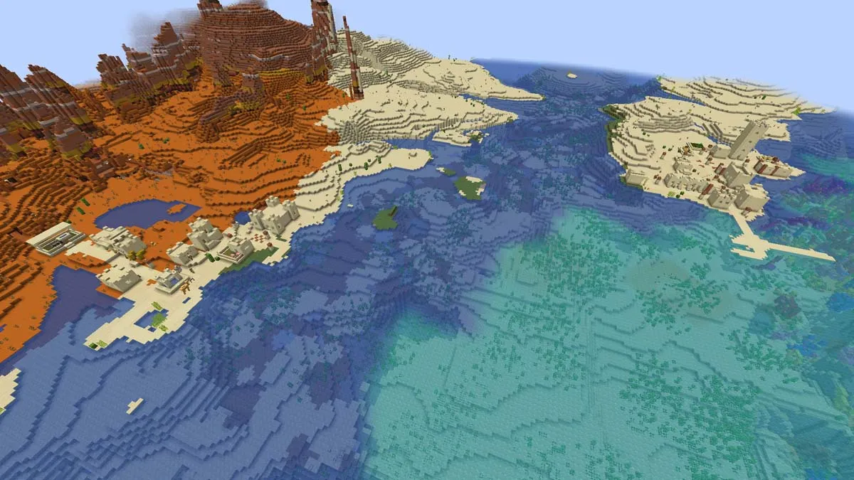 Badlands and two desert villages in Minecraft