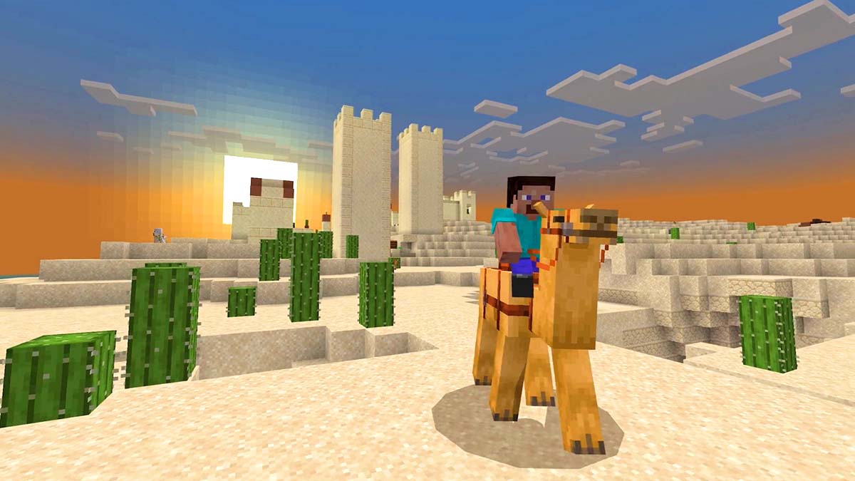 Steve riding on a camel in Minecraft