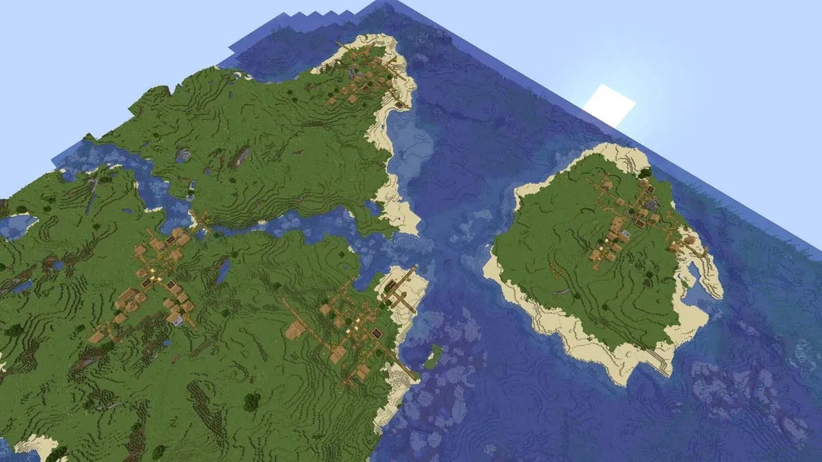 Four island villages at spawn in Minecraft