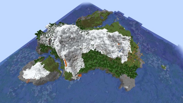 Snowy island village at spawn in Minecraft