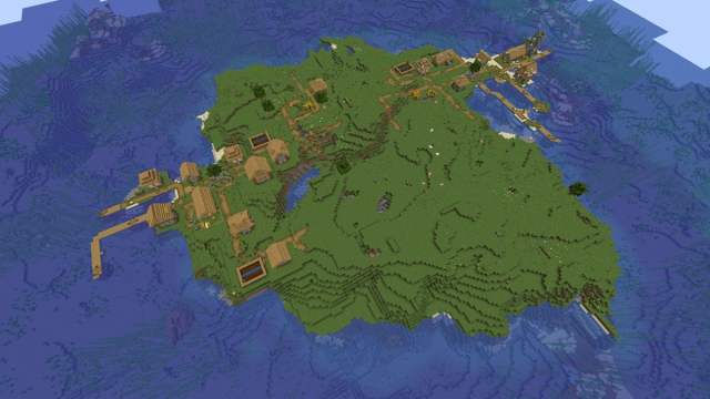 Double island village at spawn in Minecraft