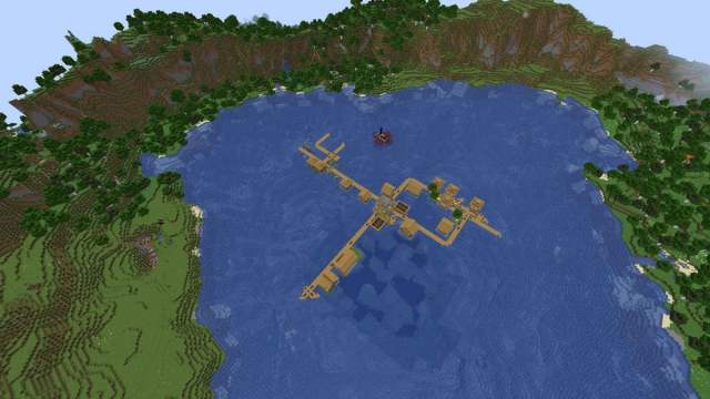Lake island village at spawn in Minecraft