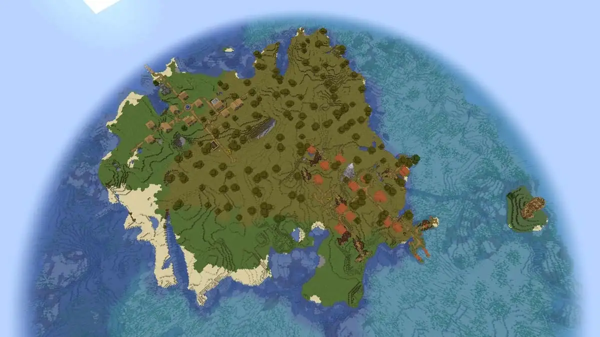 Double island village at spawn in Minecraft