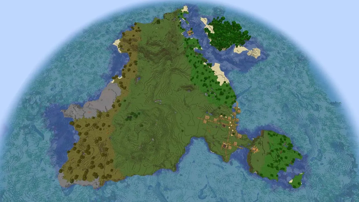 Masive island with a small village in Minecraft