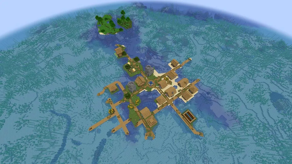 Tiny island village near jungle patch in Minecraft