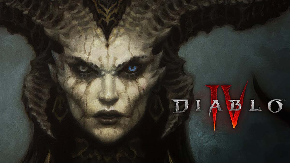 Demon face with a Diablo 4 title in the foreground