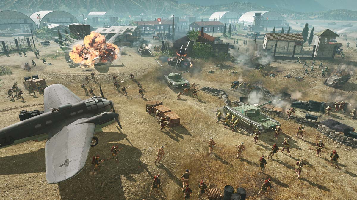 A battlefield with planes, troops, and explosions in Company of Heroes 3