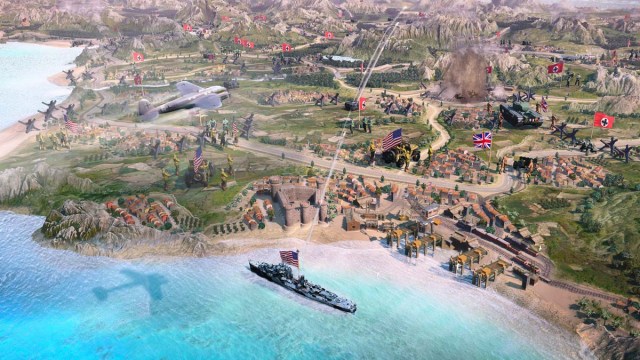 battle on the seashore with submarines, planes and troops in Company of Heroes 3