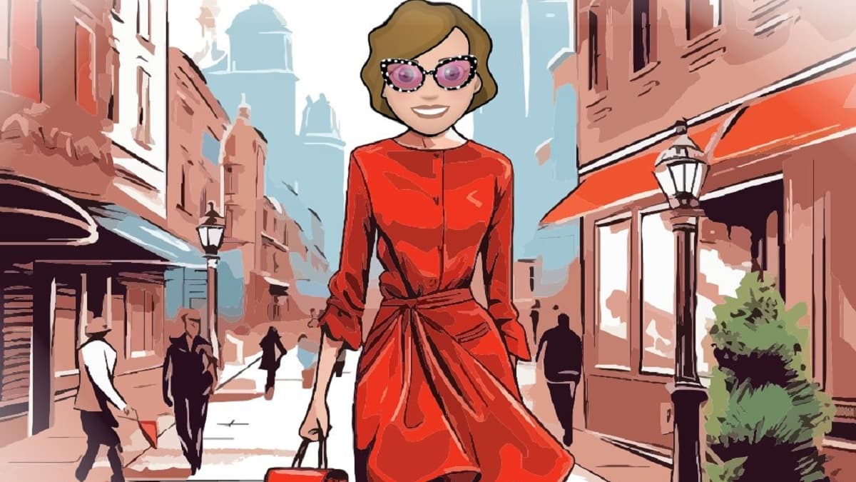 BitLife woman in red on a city street