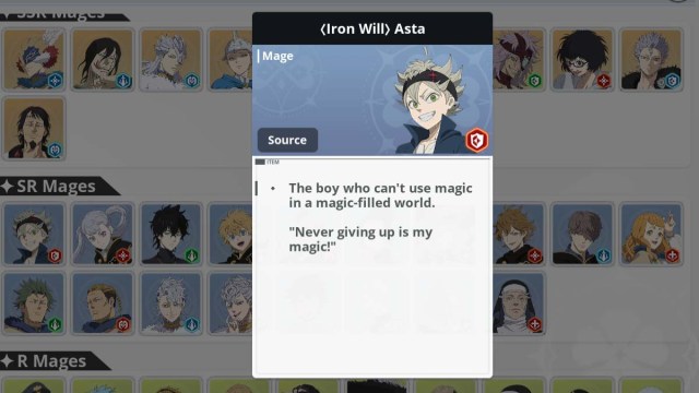 Asta character card in Black Clover M