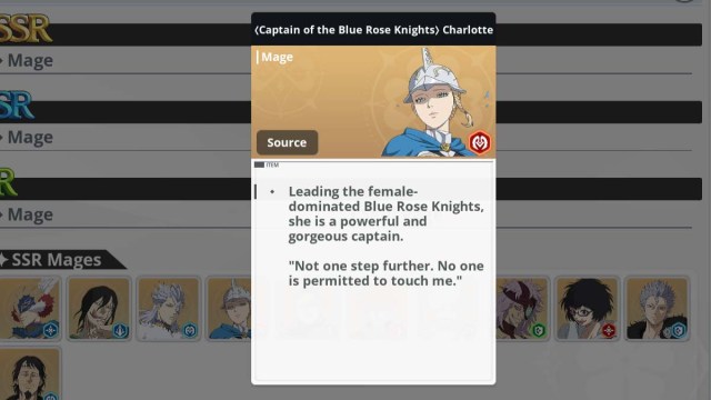 Charlotte character card in Black Clover