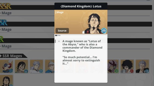 Lotus character card in Black Clover M