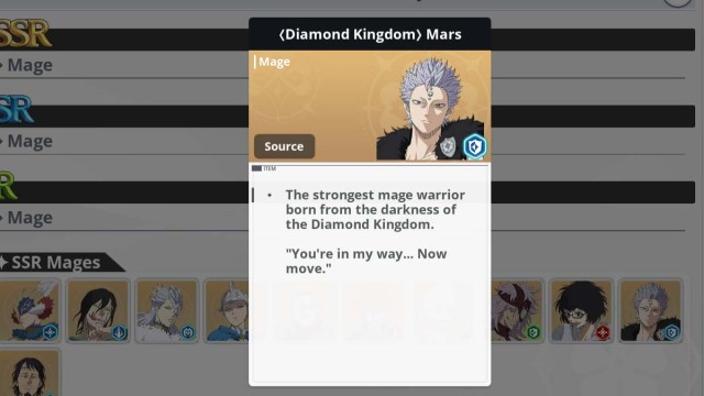 Mars character card in Black Clover M