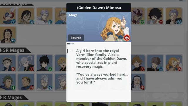 Mimosa character card in Black Clover M