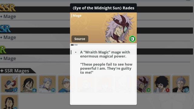 Rades character card in Black Clover M