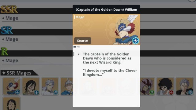 William character card in Black Clover M