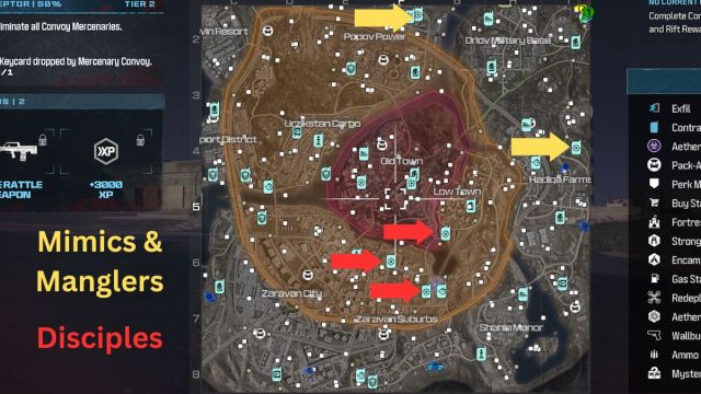 MWZ full map with big bounty spawns marked in yellow and red arrows.