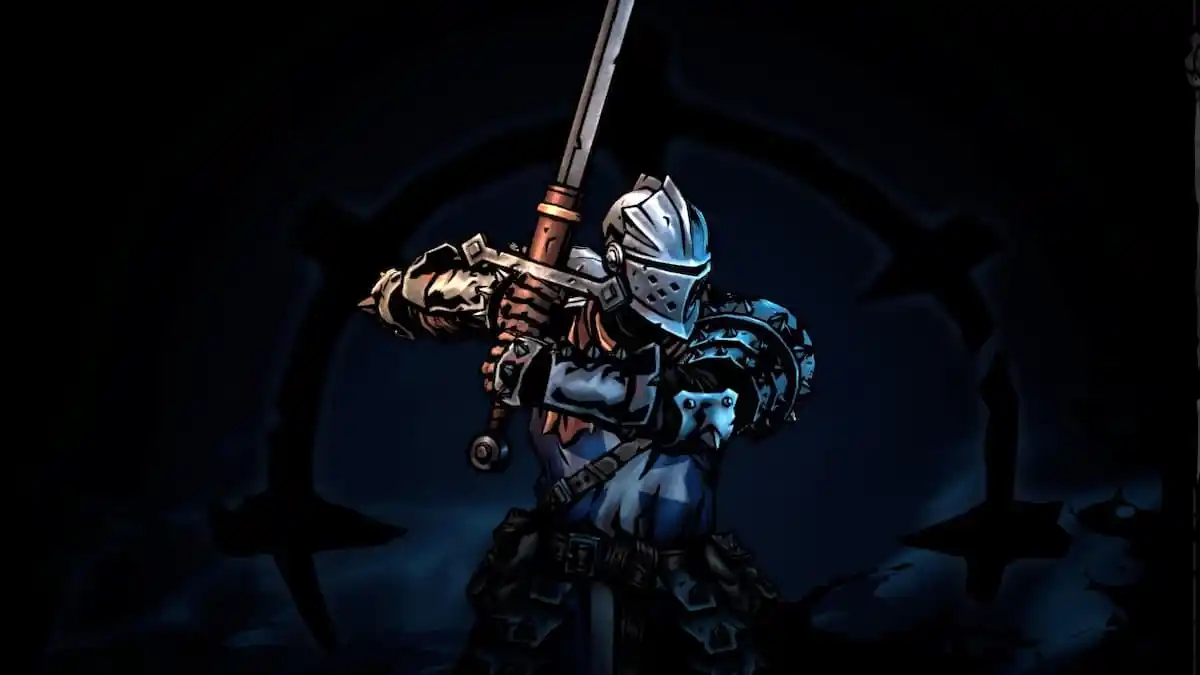 Crusader Reynauld in armor and holding a greatsword, ready to strike.