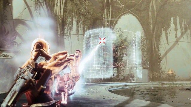 Shooting a Vex Hydra boss in Riven's Lair