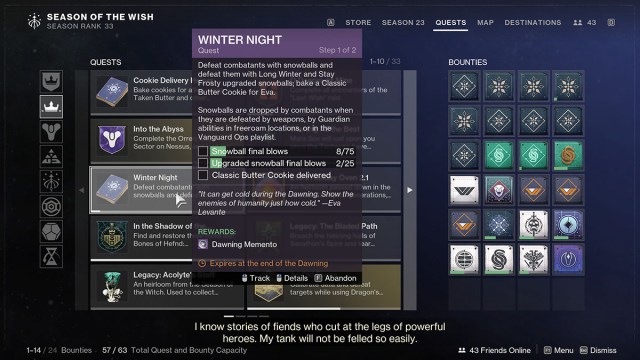 The Destiny 2 quest tab looking at the Winter Night quest