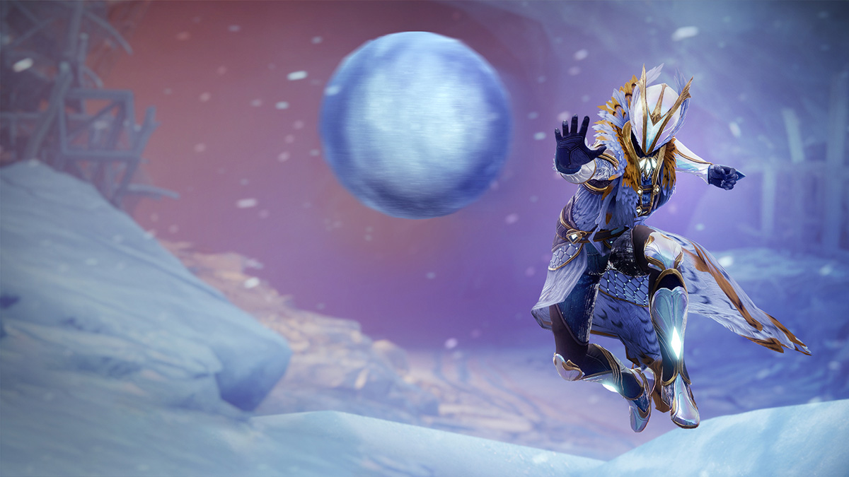 A Guardian wearing Dawning armor throwing a snowball