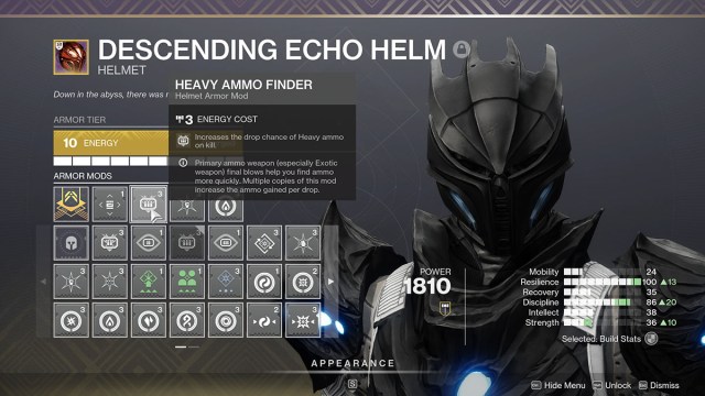 The Helmet mod screen equipping the Heavy Ammo Finder mod