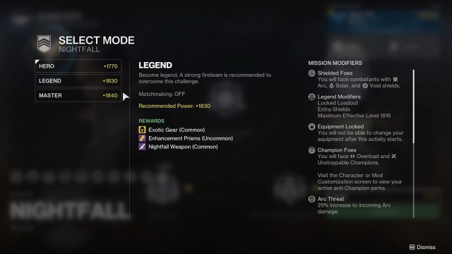 The Nightfall difficulty selector and rewards screen