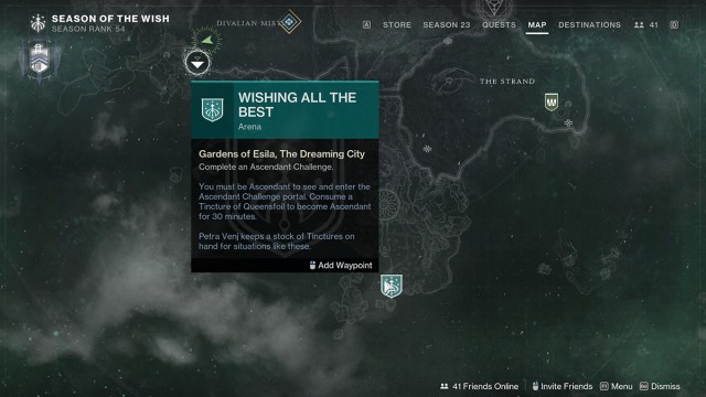 THe Dreaming City map with ths current Ascendant challenge marked