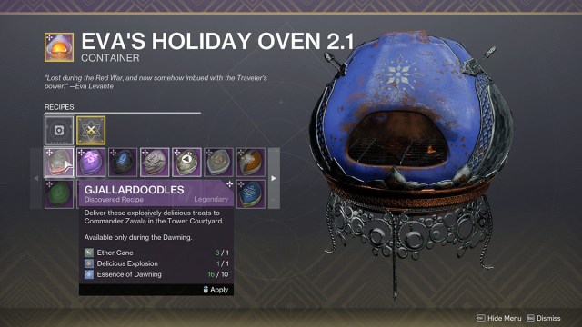 The Eva's Holiday Oven menu screen during the Dawning 2023 event
