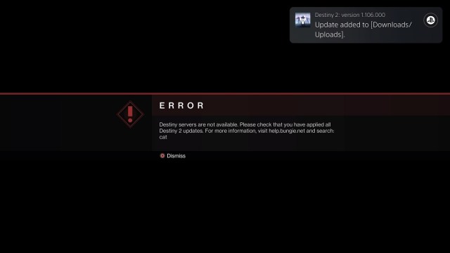 Destiny 2 red and black CAT error message banner with download notification in top right.