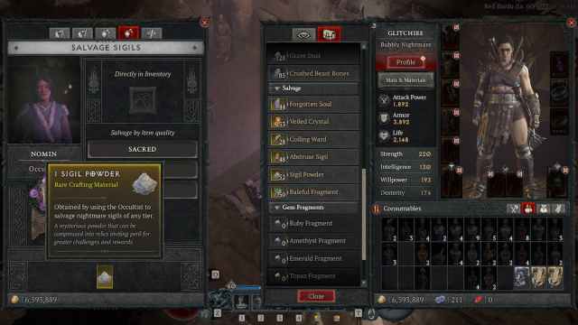 Character inventory and Occultist Salvage tab