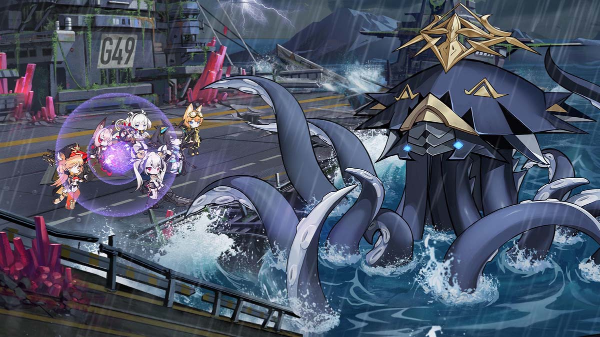Echocalypse: Scralet Covenant characters fighting a giant squid