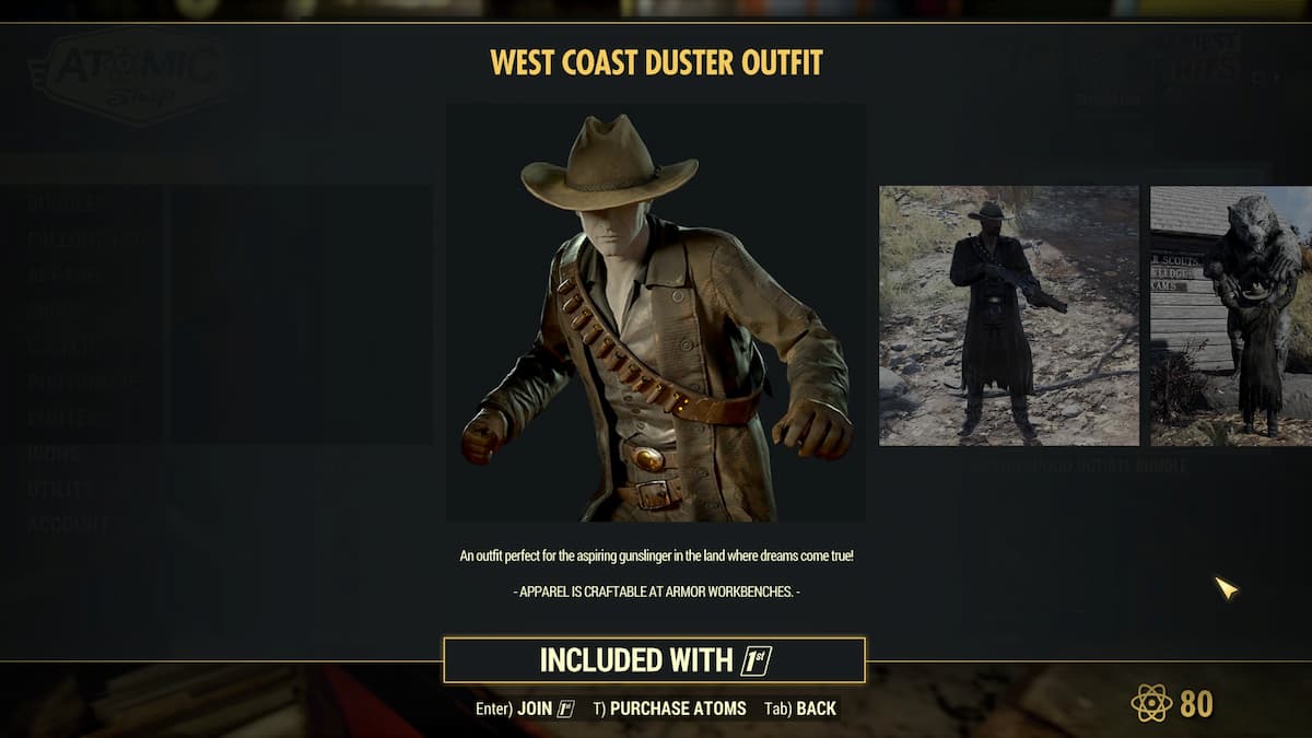 The Ghoul's attire in Fallout 76 titled West Coast Duster Outfit. Included with Fallout 1st.
