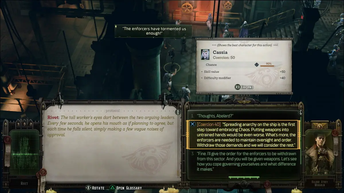 coercion option in the dark echelons quest in warhammer 40k rogue trader