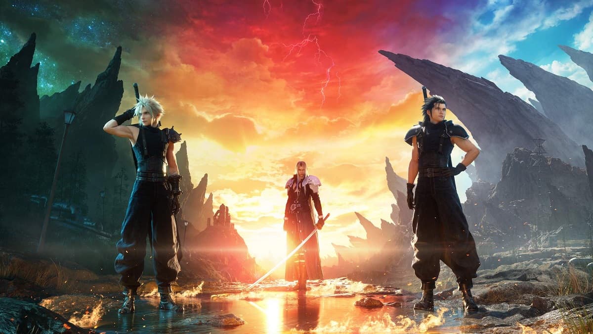 Cloud, Zack, and Sephiroth standing in front of the sun over the horizon