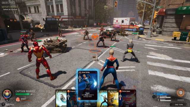 a group of marvel heroes fighting enemies in midnight suns