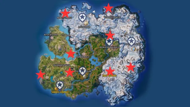 Chapter 5 Season 1 map of Fortnite's NPCs marked with red stars.