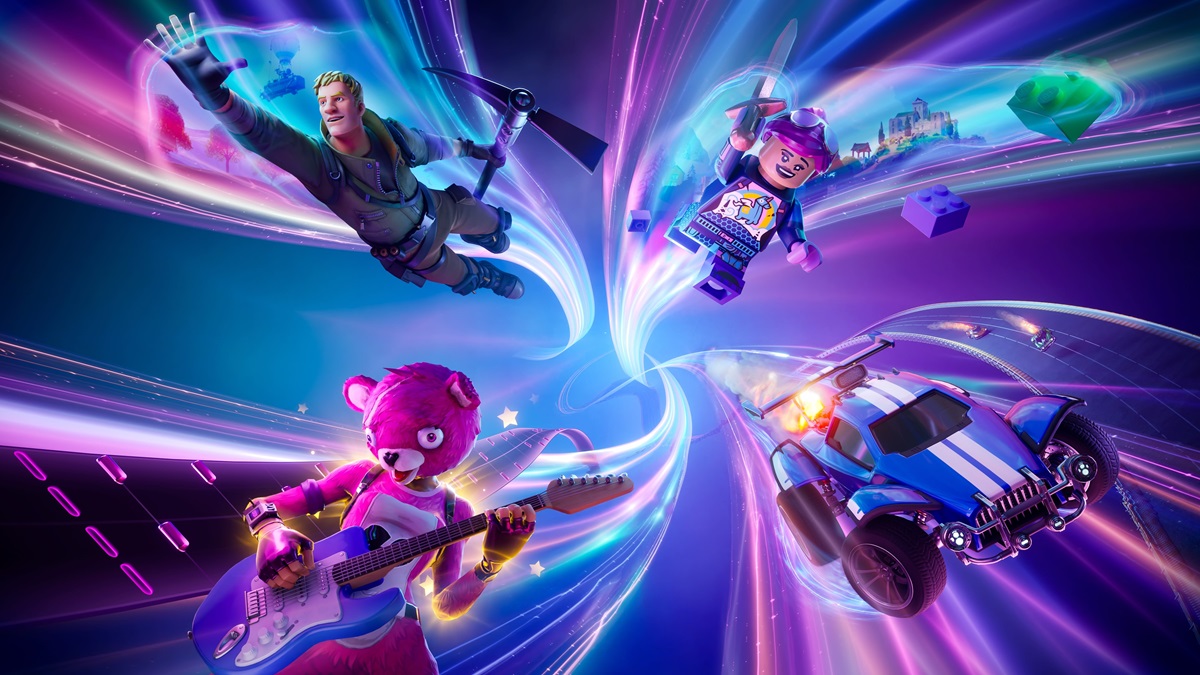 Fortnite characters in a swirling purple and blue background.