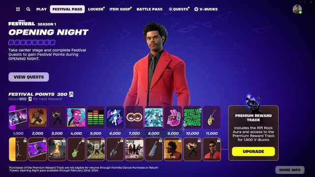 The Weeknd in a red blazer standing behind season pass rewards. 
