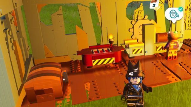 minifigure in lego fornite standing near shelter and lumber mill.