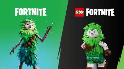 Fortnite and LEGO crossover promotional image with tree figure transformed into minifig.